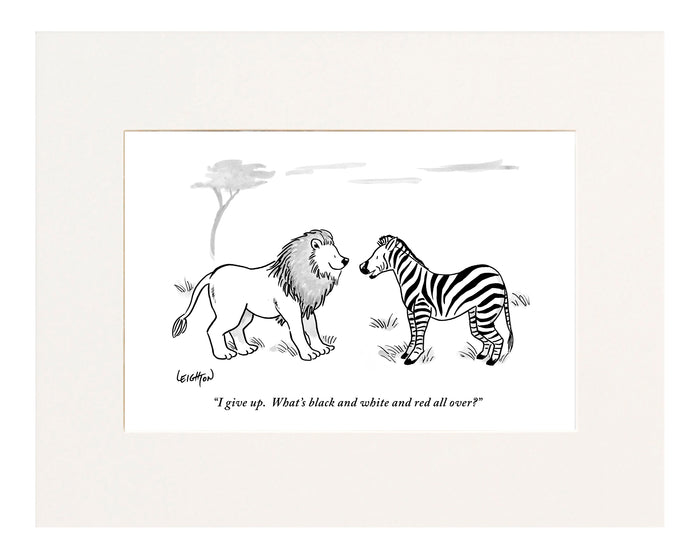 "I give up. What's black and white and red all over?" (Zebra thinks the lion is telling a joke but he is going to be eaten.)