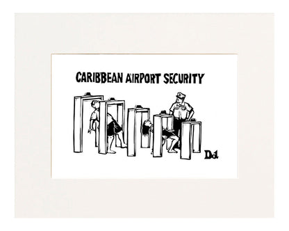 Caribbean Airport Security (Man and woman at airport do the limbo through security metal detectors.)