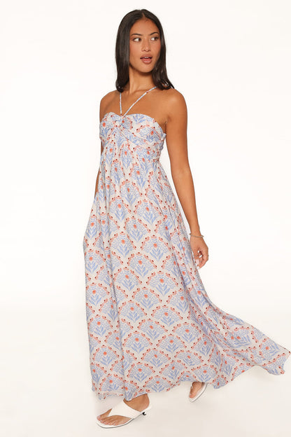 DRESSES Cascade Halterneck Maxi Dress - White Blue