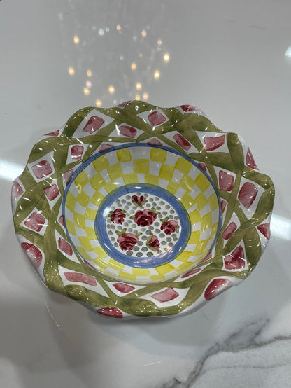 CERAMIC BOWL YELLOW CHECKER DESIGN SCALLOPED RIM