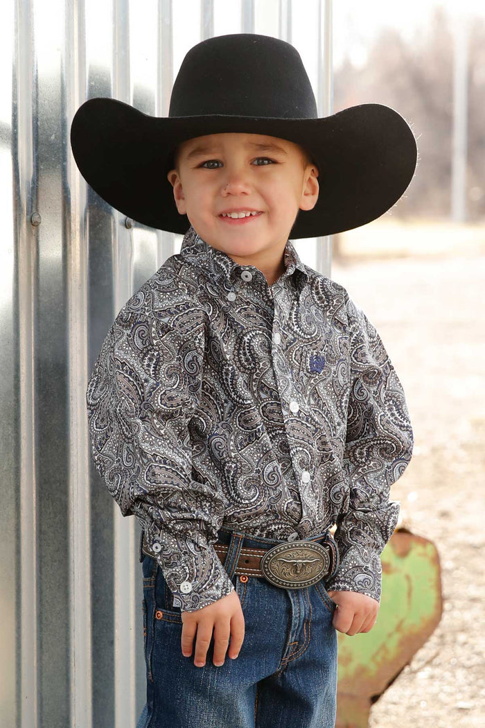 Cinch Baby & Toddler Boy's L/S Paisley Print Button Down Western Shirt in Grey