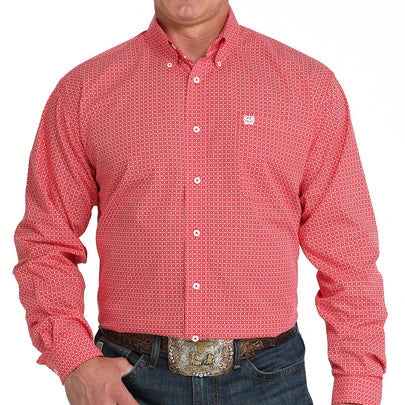 Cinch Men's L/S Classic Fit Geometric Floral Button Down Western Shirt in Red