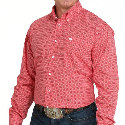 Cinch Men's L/S Classic Fit Geometric Floral Button Down Western Shirt in Red