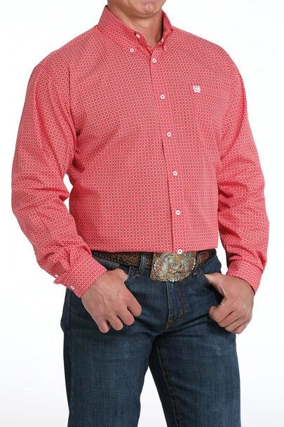 Cinch Men's L/S Classic Fit Geometric Floral Button Down Western Shirt in Red
