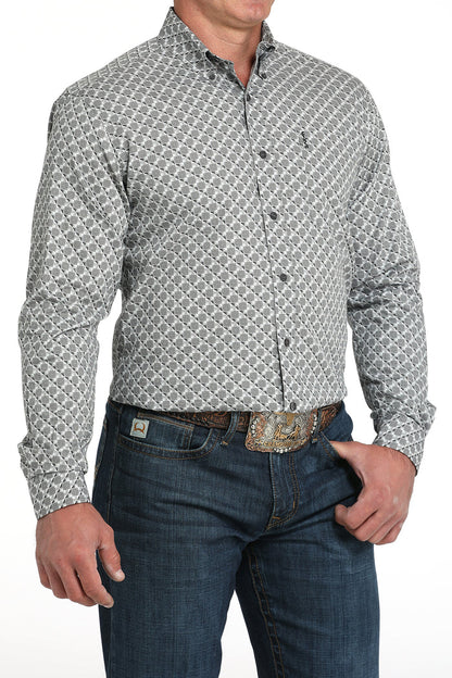 Cinch Men's L/S Modern Fit Geometric Print Western Button Down Shirt in Grey