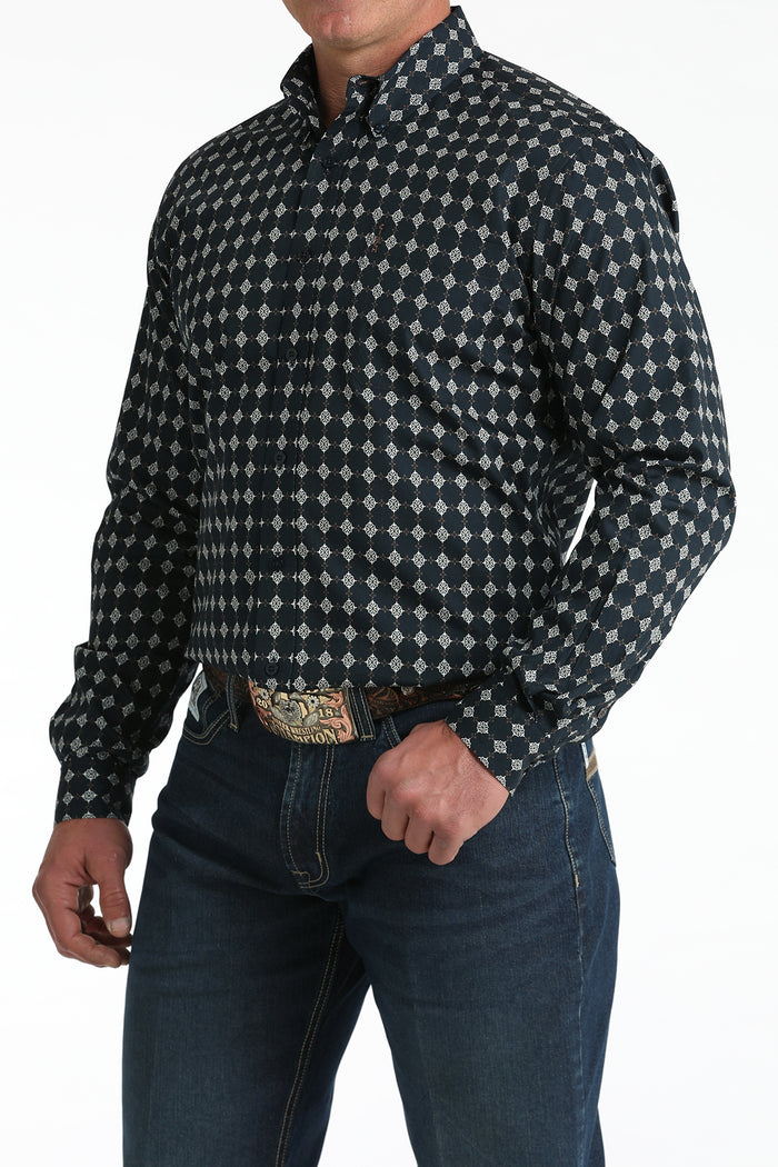 Cinch Men's L/S Modern Fit Medallion Print Western Button Down Shirt in Navy