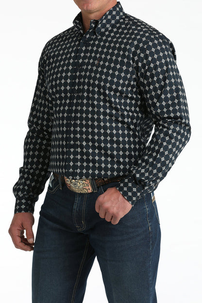 Cinch Men's L/S Modern Fit Medallion Print Western Button Down Shirt in Navy