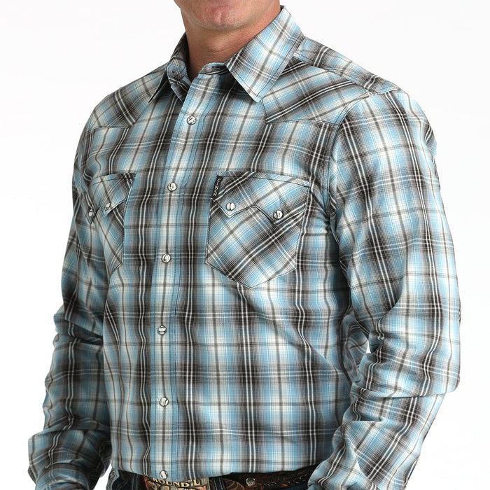 Cinch Men's L/S Modern Fit Plaid Western Snap Shirt in Turquoise