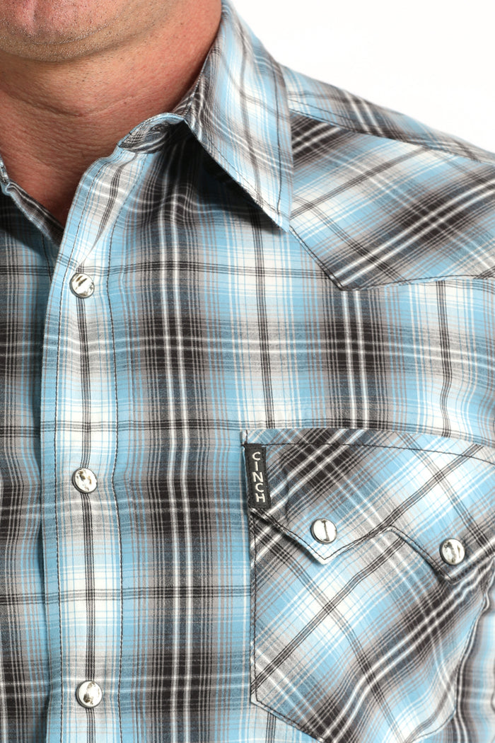 Cinch Men's L/S Modern Fit Plaid Western Snap Shirt in Turquoise