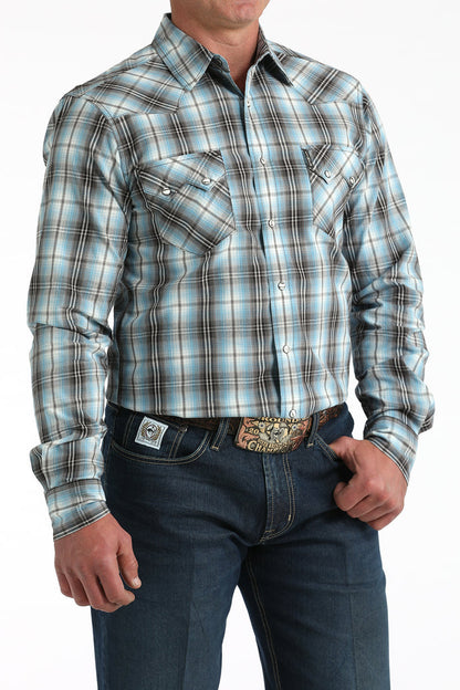 Cinch Men's L/S Modern Fit Plaid Western Snap Shirt in Turquoise