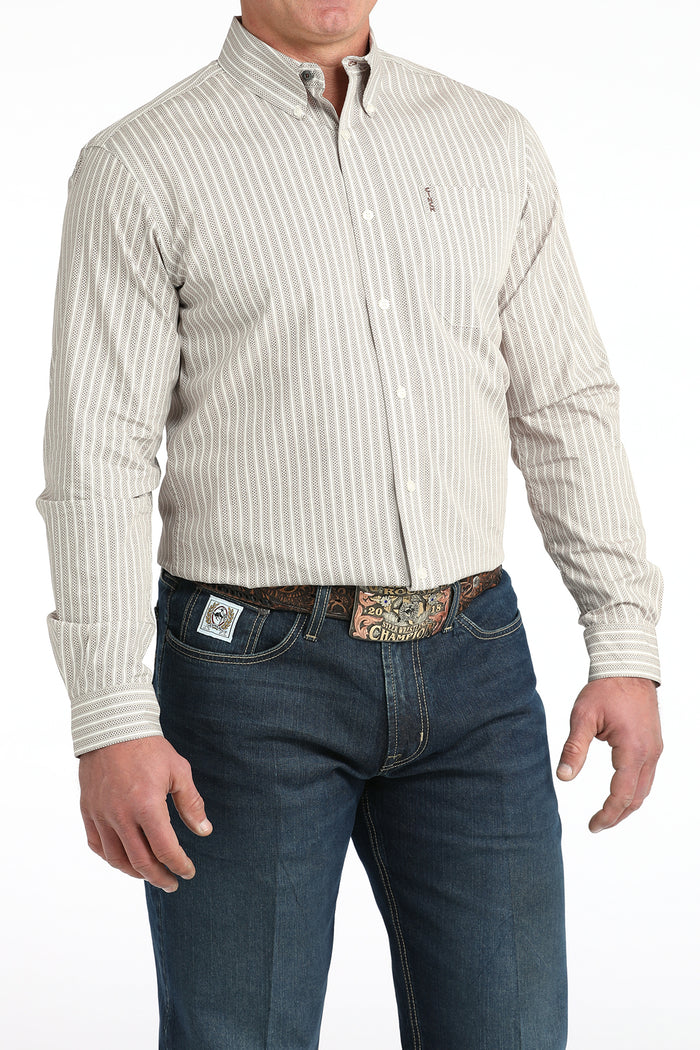 Cinch Men's L/S Modern Fit Striped Western Button Down Shirt in Cream