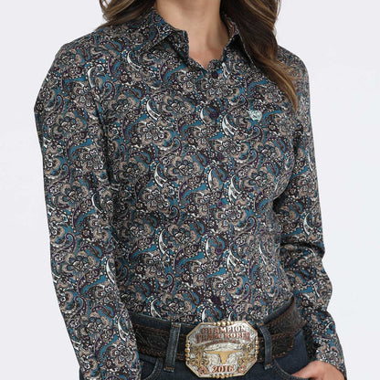 Cinch Women's L/S Paisley Western Button Down Shirt in Purple and Teal