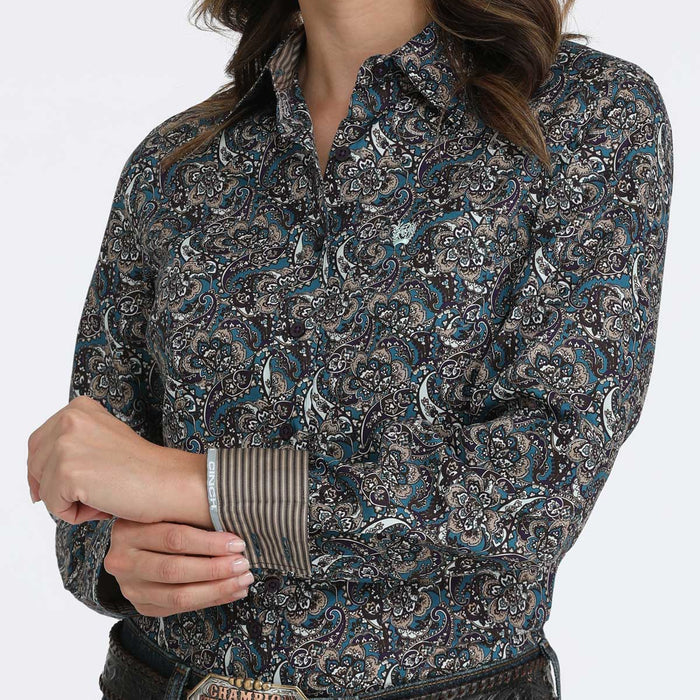 Cinch Women's L/S Paisley Western Button Down Shirt in Purple and Teal