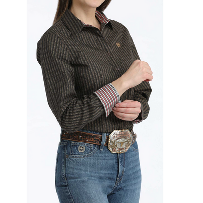 Cinch Women's L/S Striped Print Western Button Down Shirt in Brown