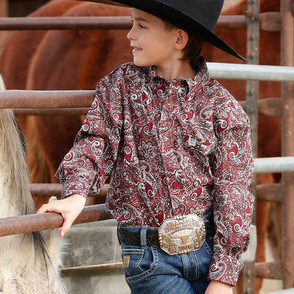 Cinch Youth Boy's L/S Paisley Print Button Down Western Shirt in Burgundy