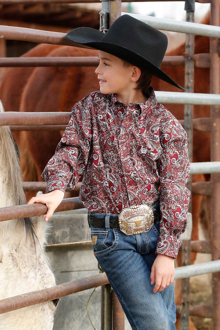 Cinch Youth Boy's L/S Paisley Print Button Down Western Shirt in Burgundy