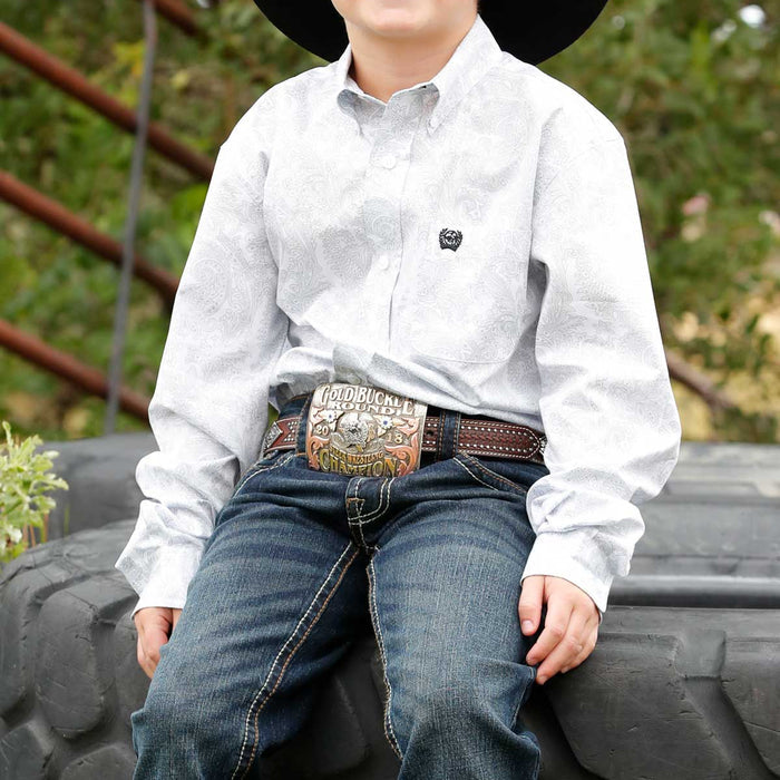 Cinch Youth Boy's L/S Paisley Print Button Down Western Shirt in White