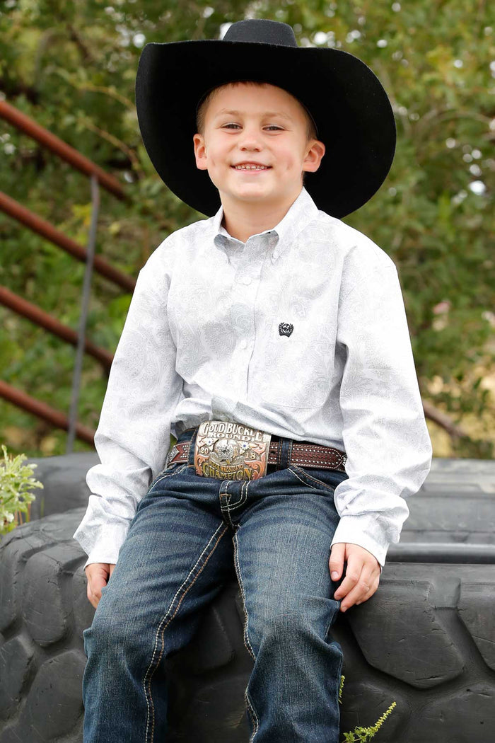 Cinch Youth Boy's L/S Paisley Print Button Down Western Shirt in White