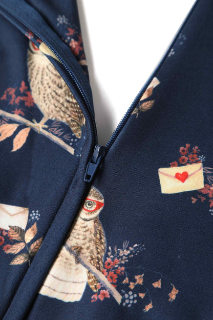 Donna Crossover Bust Oxford Blue Owls and Letters Dress
