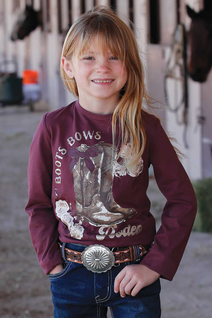 Cruel Girl's Youth L/S Boots Tee in Burgundy