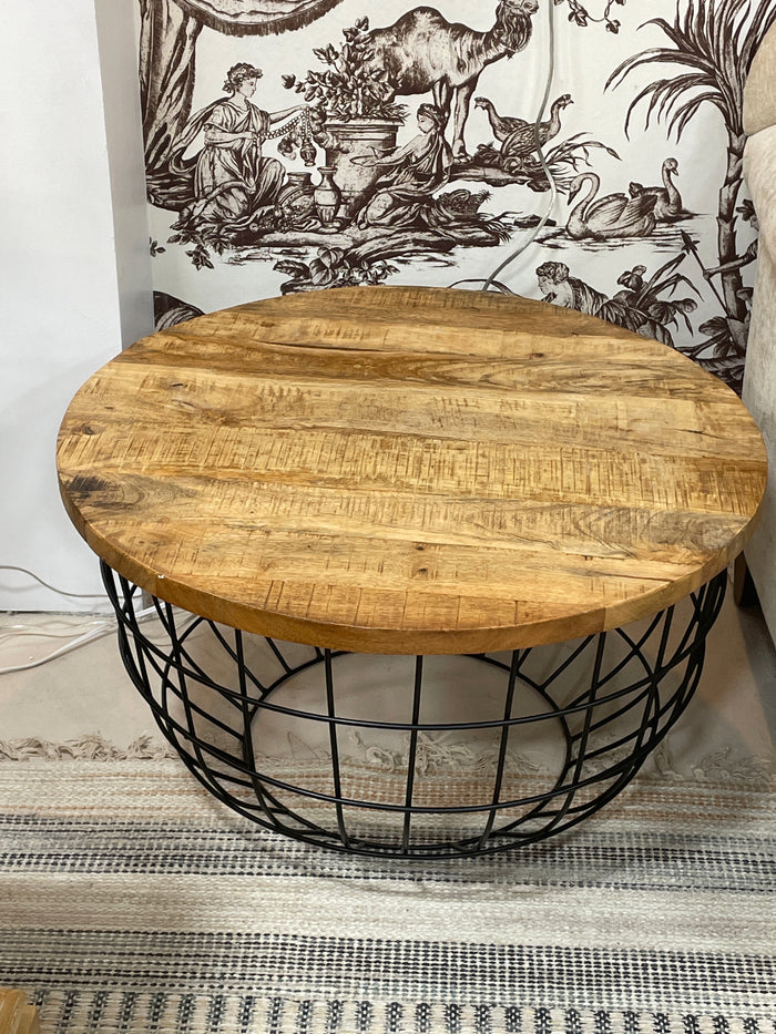 END TABLE WOOD PLANK TOP METAL BASKET BASE