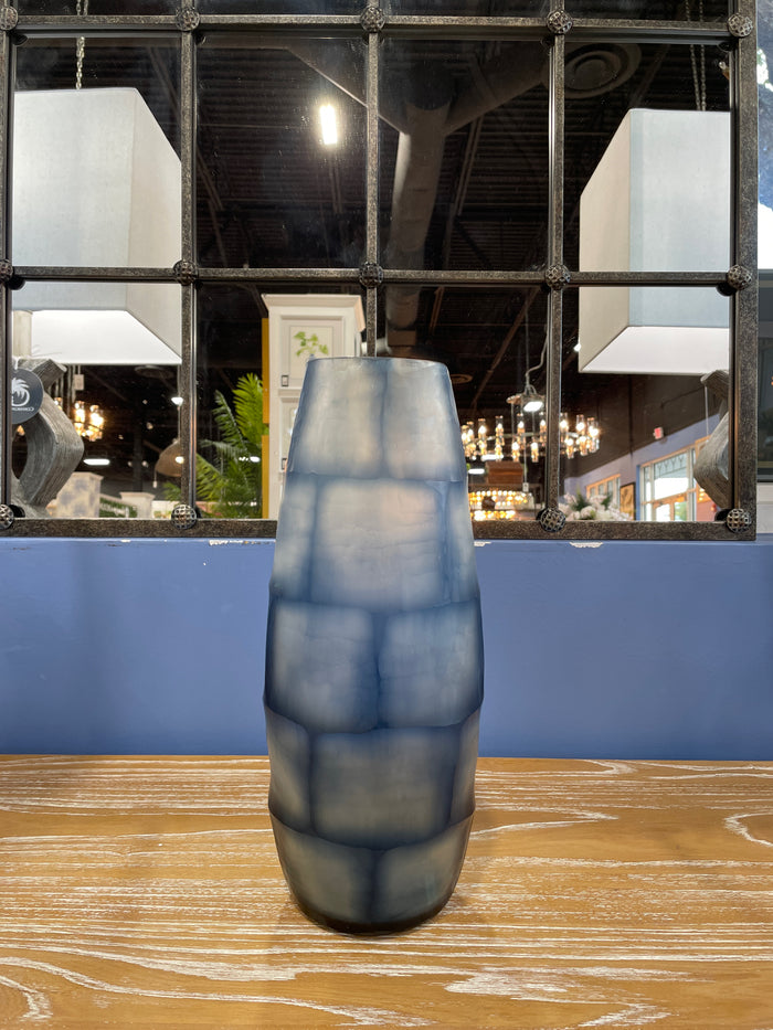 ETHAN ALLEN VASE BLUE BLOCK CUT GRID DESIGN