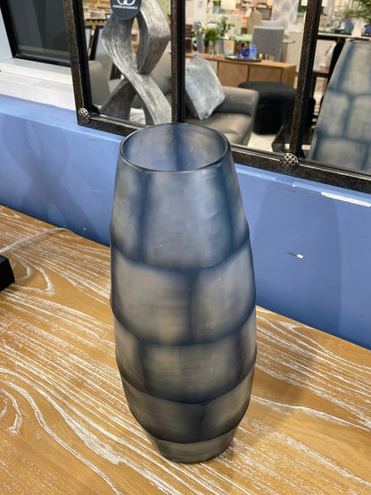 ETHAN ALLEN VASE BLUE BLOCK CUT GRID DESIGN