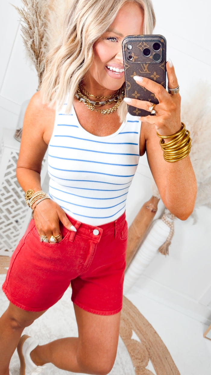 - FINAL SALE - Classic Seamless Ribbed Tank Top-Blue/White