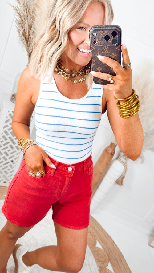 - FINAL SALE - Classic Seamless Ribbed Tank Top-Blue/White