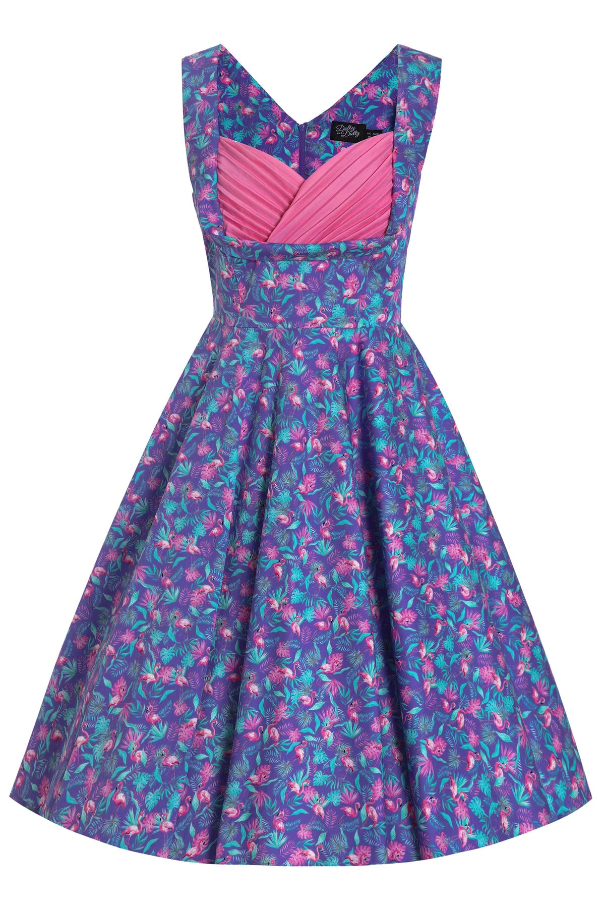 Grace Purple Pleated Dress in Flamingo Leaf Print