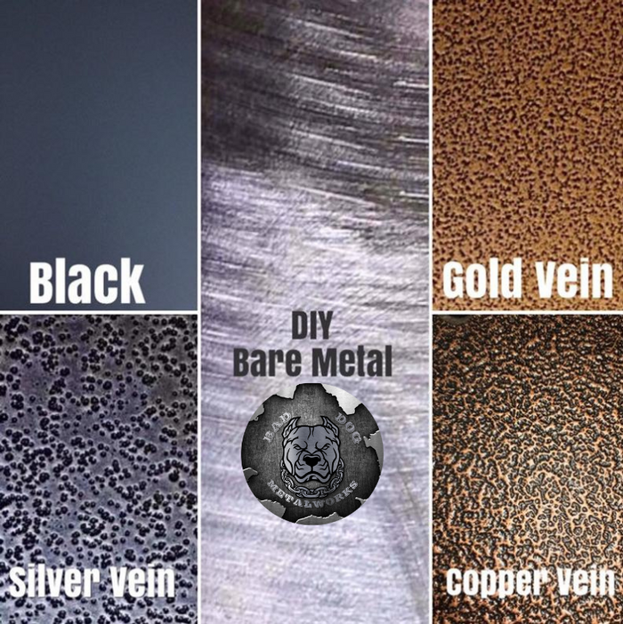 Bad Dog Metalworks Color Swatch; DIY bare metal, black, silver vein, gold vein, copper vein
