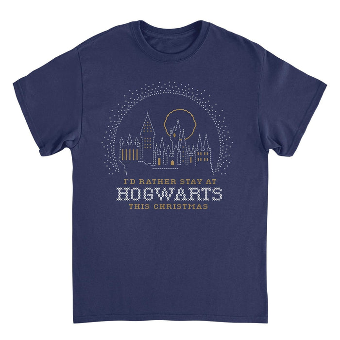 Harry Potter I'd Rather Stay at Hogwarts This Christmas Navy T-Shirt