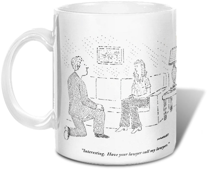 "Interesting. Have your lawyer call my lawyer." (Woman to man on bended knee.)