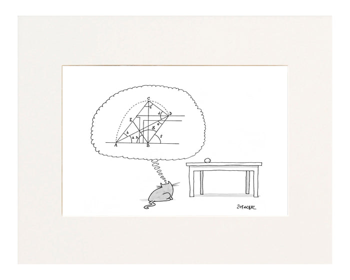 (Cat thinks of a complex equation to get a ball off of a table.)