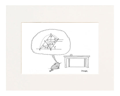 (Cat thinks of a complex equation to get a ball off of a table.)