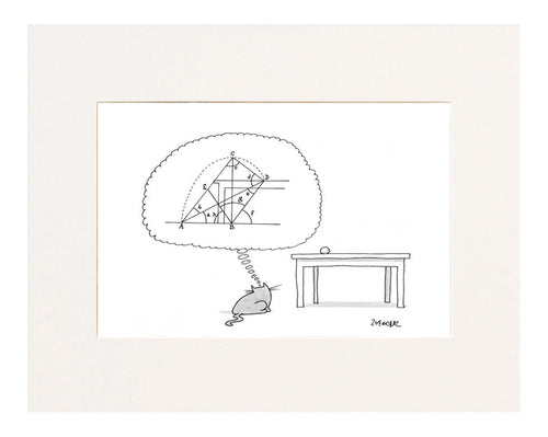 (Cat thinks of a complex equation to get a ball off of a table.)