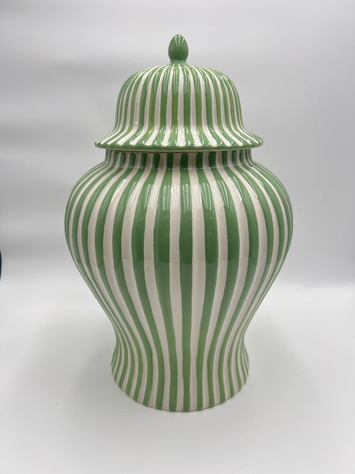 LIDDED JAR GREEN & WHITE STRIPES