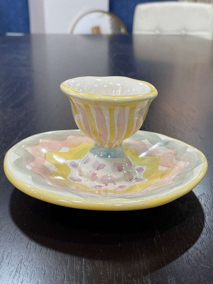 MACKENZIE CHILDS CERAMIC FROCK EGG CUP PASTEL HANDPAINTED DESIGN