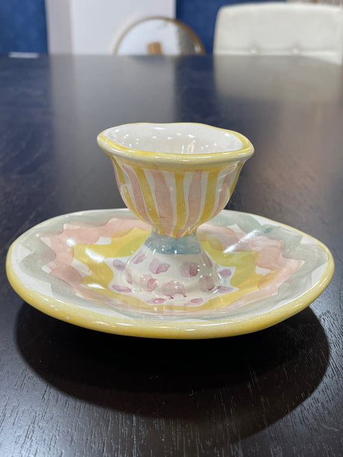 MACKENZIE CHILDS CERAMIC FROCK EGG CUP PASTEL HANDPAINTED DESIGN