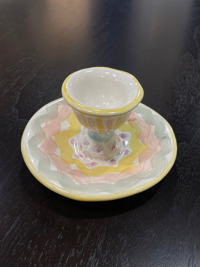 MACKENZIE CHILDS CERAMIC FROCK EGG CUP PASTEL HANDPAINTED DESIGN