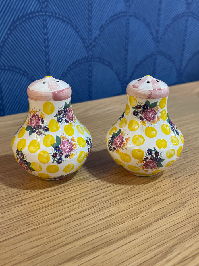 MACKENZIE CHILDS SALT &  PEPPER SHAKERS FLORAL AND POLKA DOT DESIGN