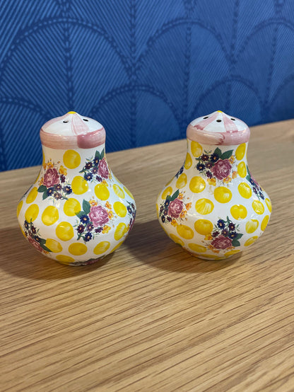 MACKENZIE CHILDS SALT &  PEPPER SHAKERS FLORAL AND POLKA DOT DESIGN