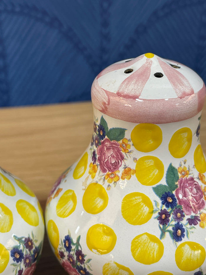 MACKENZIE CHILDS SALT &  PEPPER SHAKERS FLORAL AND POLKA DOT DESIGN