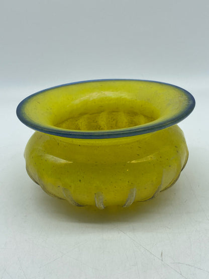 MURANO YELLOW RIBBED GLASS BOWL WITH BLUE DETAILS