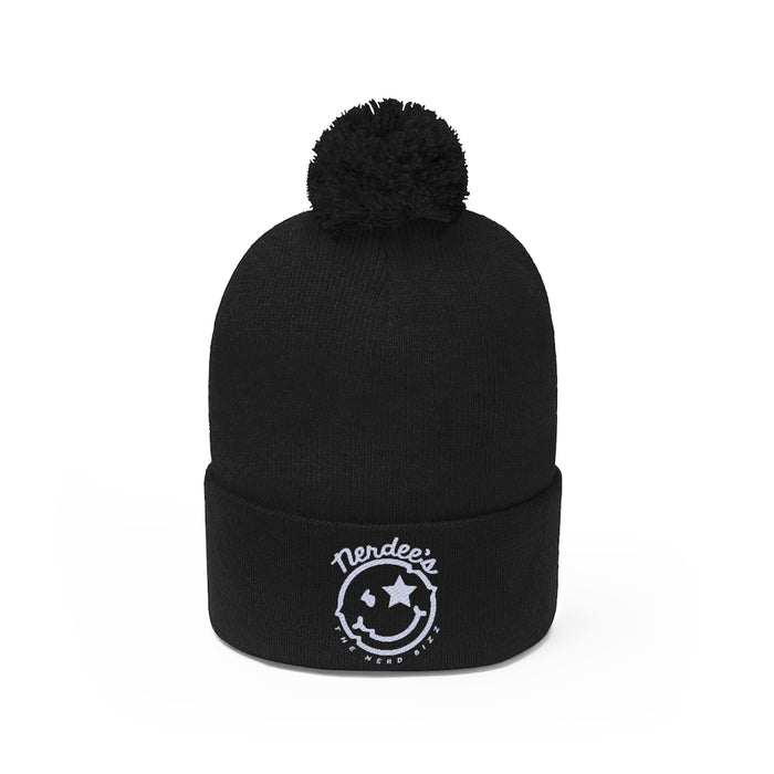 Nerdee's - The Nerd Bizz - "Mr. Smiley" Logo (White) -Pom Pom Beanie