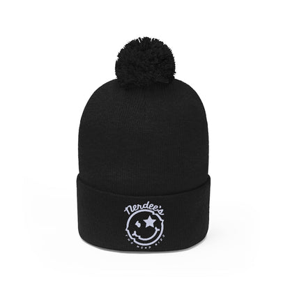 Nerdee's - The Nerd Bizz - "Mr. Smiley" Logo (White) -Pom Pom Beanie
