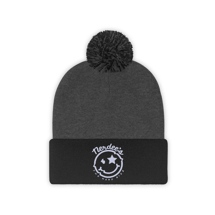 Nerdee's - The Nerd Bizz - "Mr. Smiley" Logo (White) -Pom Pom Beanie