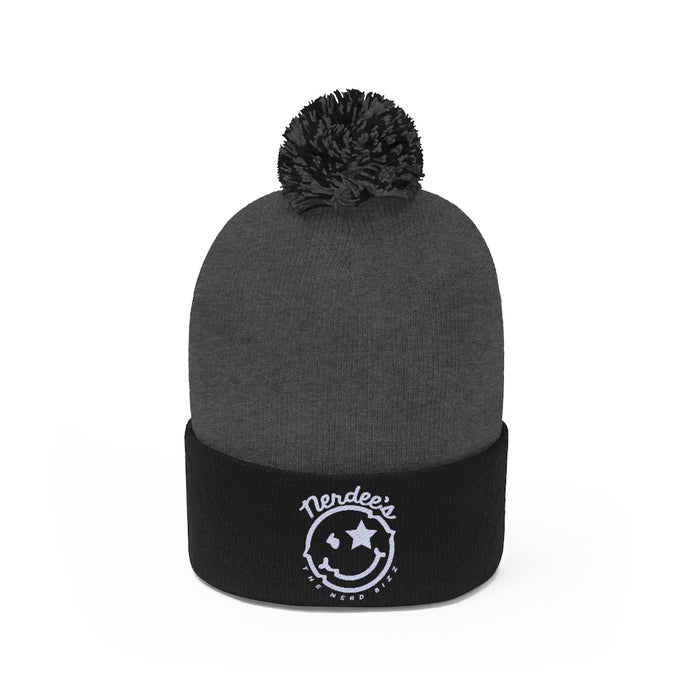 Nerdee's - The Nerd Bizz - "Mr. Smiley" Logo (White) -Pom Pom Beanie