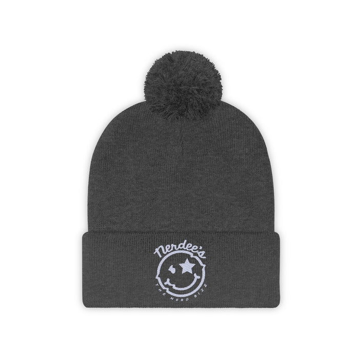 Nerdee's - The Nerd Bizz - "Mr. Smiley" Logo (White) -Pom Pom Beanie