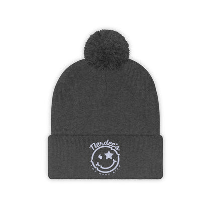 Nerdee's - The Nerd Bizz - "Mr. Smiley" Logo (White) -Pom Pom Beanie